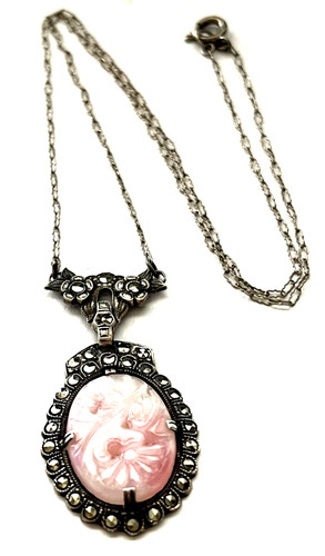 Art Deco Germany Sterling and Carved Rose Quartz and Marcasites Necklace