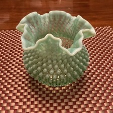 FENTON GREEN OPALESCENT HOBNAIL CRIMPED VASE