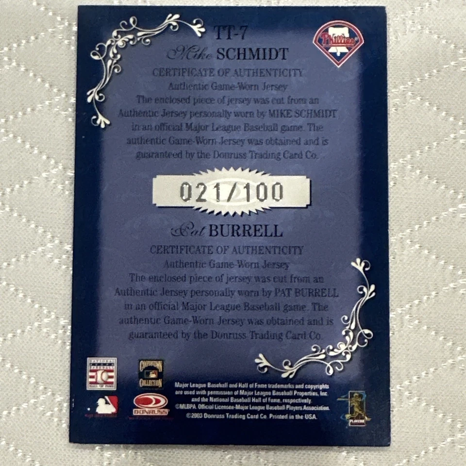 2003 Diamond Kings Team Timeline Jerseys #TT7 Mike Schmidt + Pat Burrell #'d/100 - Image 2 of 4