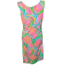 Lilly Pulitzer Ruched Sheath Dress Tropical Floral Print Pink Green Sz L Resort