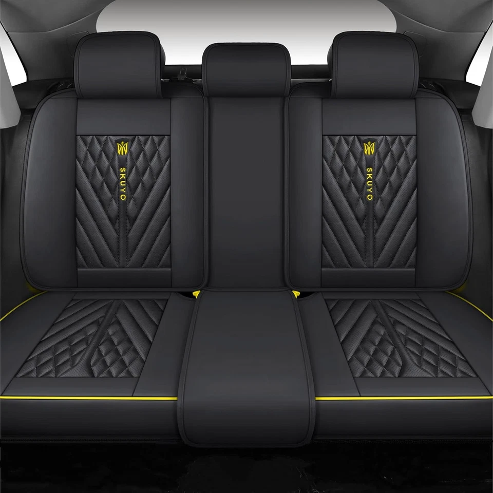 Cómodas fundas de cuero para asientos de auto delanteras y traseras negras & amarillas Foto 4 de 4