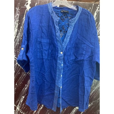 Bella Amore Italy Linen Crochet Lace Sequin Shirt Royal Blue Roll Tab L
