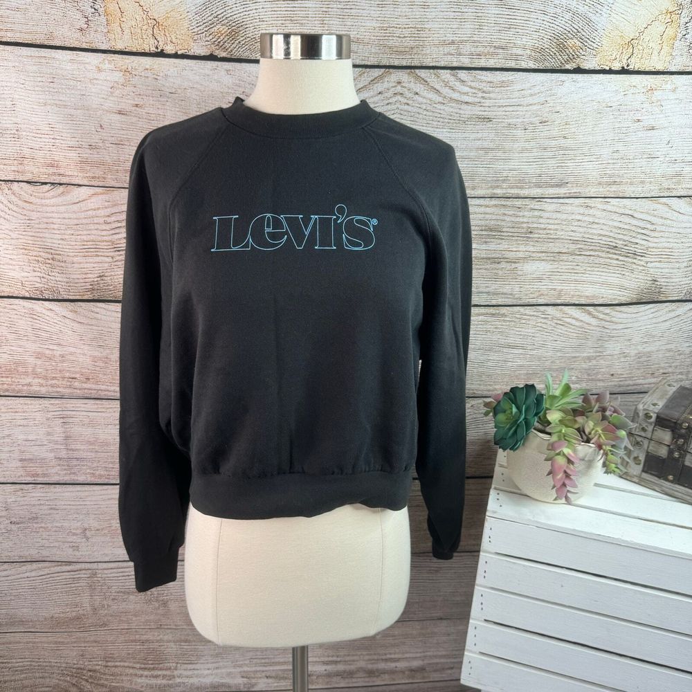 Levi's Logo Sweatshirt Women's Size S Black Cropped Crew Neck Raglan Long Sleeve