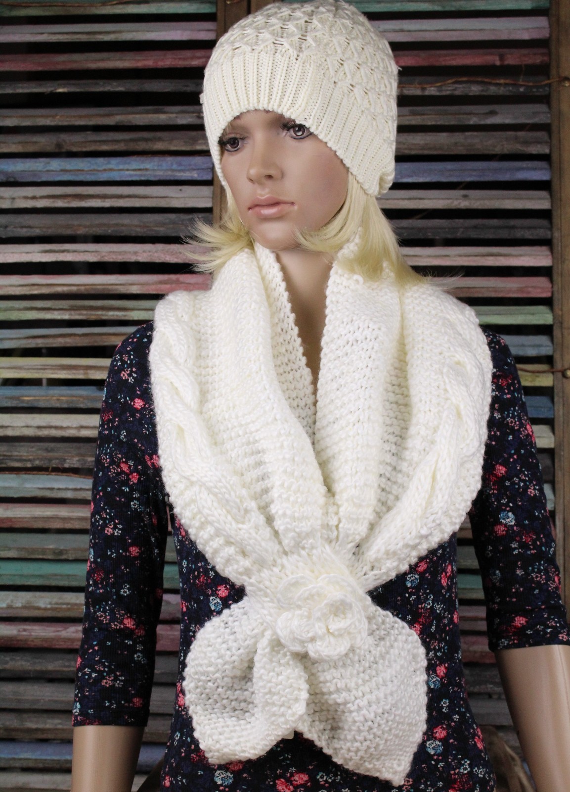 Knitted Shrug Scarf with Cable Knit Flower Floral Faux Tie (3 Colors) eBay