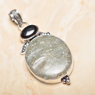 Pendentif En Bois Pétrifié Et Argent 925 - Fait Main Vintage - Longueur 2 Pouces - Neuf