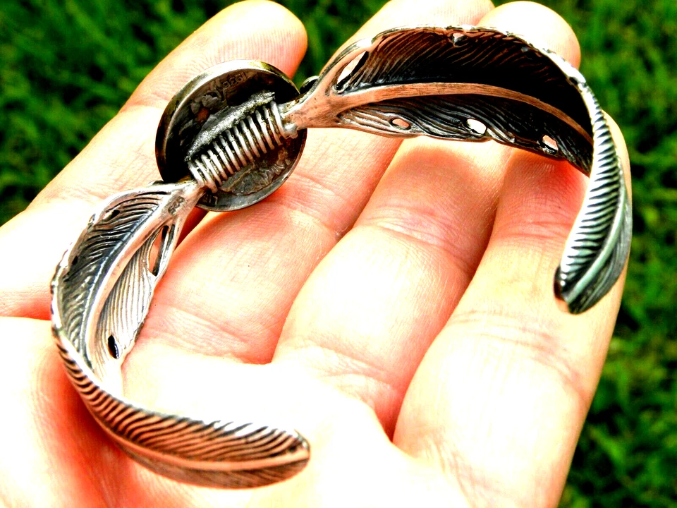 Brazalete Brazalete Auténtico Búfalo Indio Níquel Moneda Pluma Ala Plata de Ley  Foto 3 de 4