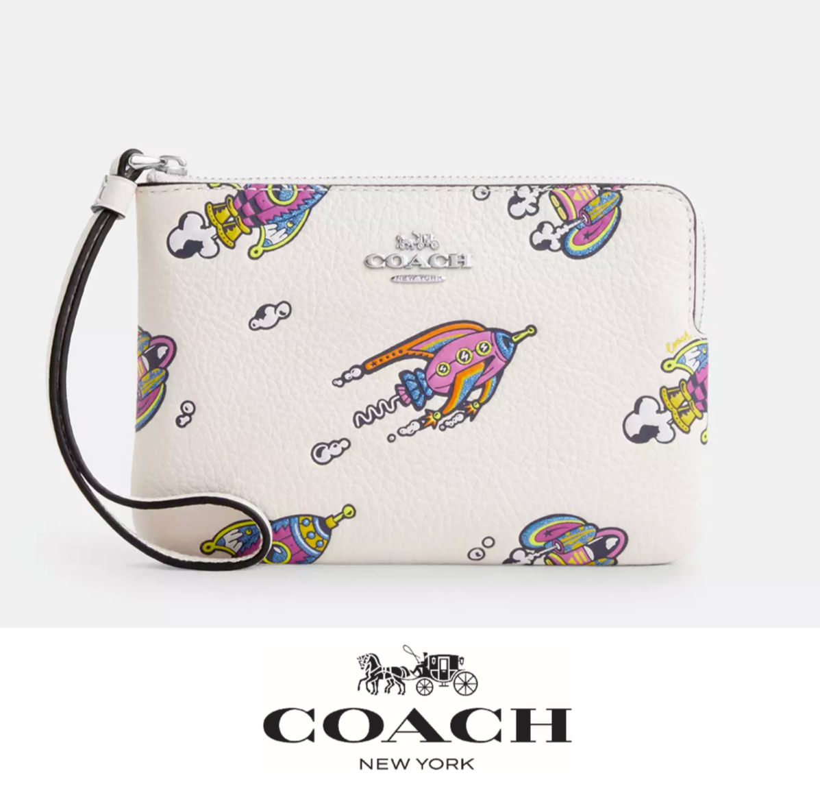 NWT Coach Cosmic Coach Corner Zip Wristlet With Rocket Print