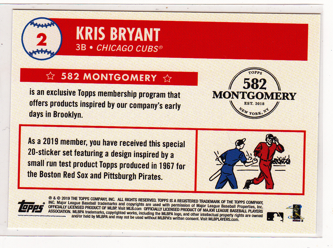 Kris Bryant Cubs 2019 Topps Montgomery 582 Club #2 1967 Sticker Set Influance