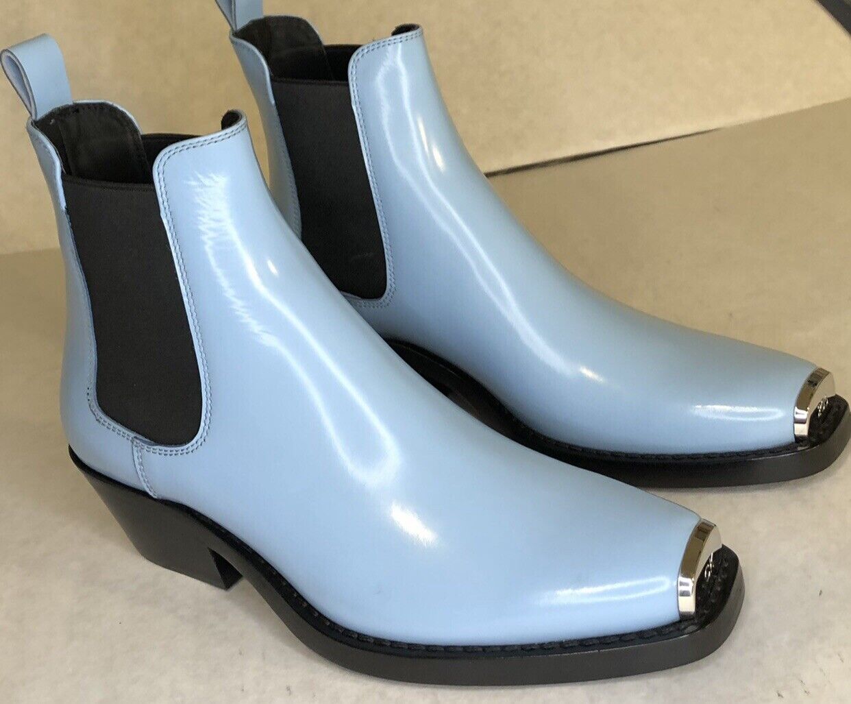 Raf Simons X CALVIN KLEIN 205W39NYC Blue Leather Chrome Toe Boots Size 6.5  /37.5