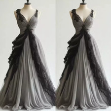 Gothic Black Gray Wedding Dresses Sleeveless V Neck Lace Applique Bridal Gown