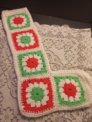 Vintage Handmade Granny Square Crochet Christmas Stocking 21''  Red Green White