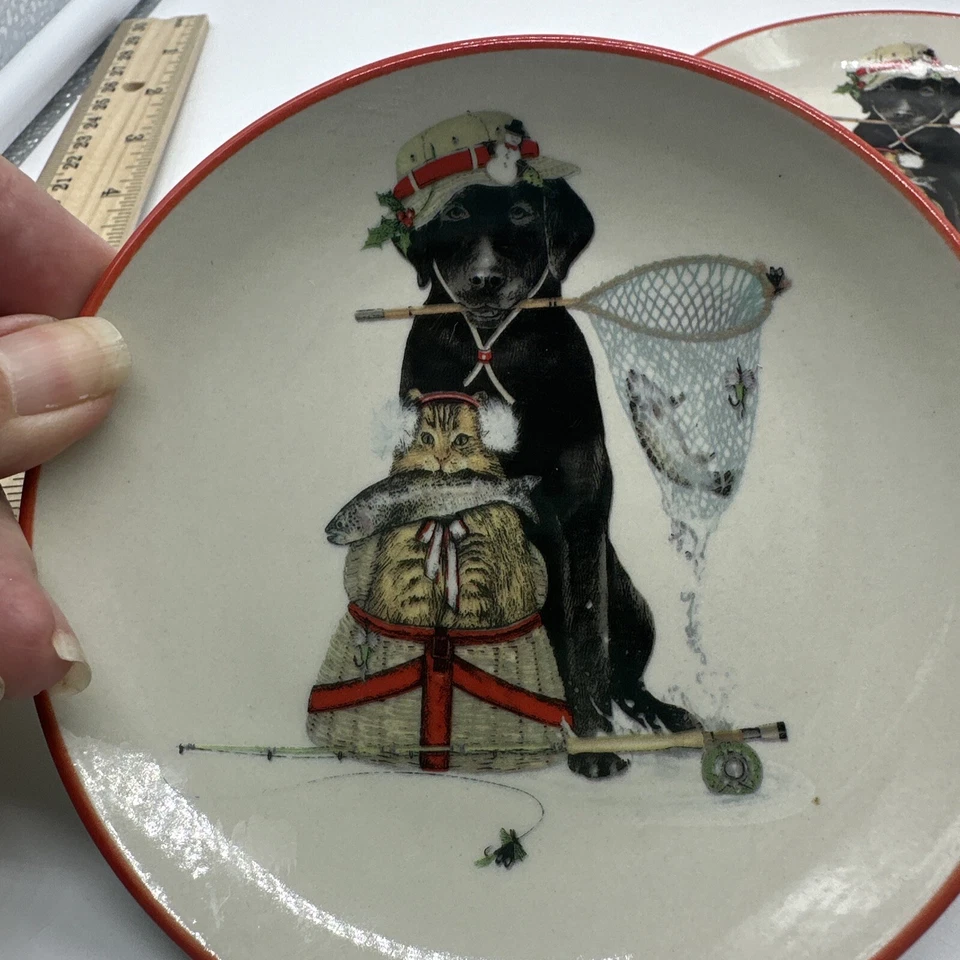 Mary Lake-Thompson Stoneware  Appetizer Plates, Set of 3 Fishing Dog Cat For Dad - Image 3 of 4