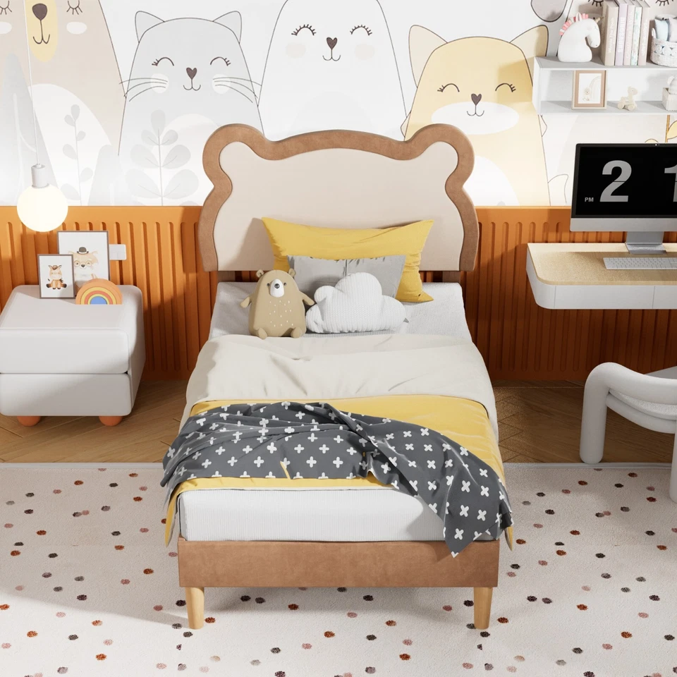 Lindo Cabecero de Cama Tapizado de Terciopelo con Marco de Cama Doble Plataforma de Listones de Madera Foto 2 de 4