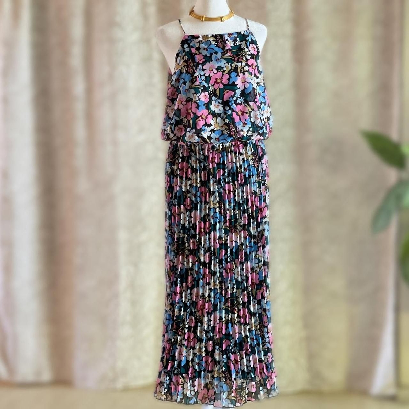 NWT Sam Edelman Bouquet Black Multi Floral Pleated Plissé Midi Dress Size 12