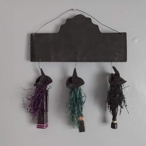 Halloween Wall Plaque Sign Dangling Witches Gather Here Wooden Glitter Accents - Picture 2 of 12