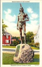 Plymouth MA Massasoit Statue Indian Friend Pilgrims Vintage Postcard