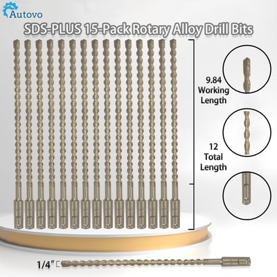 15 Pcs SDS Plus Rotary Hammer Drill Bit set 1/4''X12'' Carbide-Tippde for Masonry