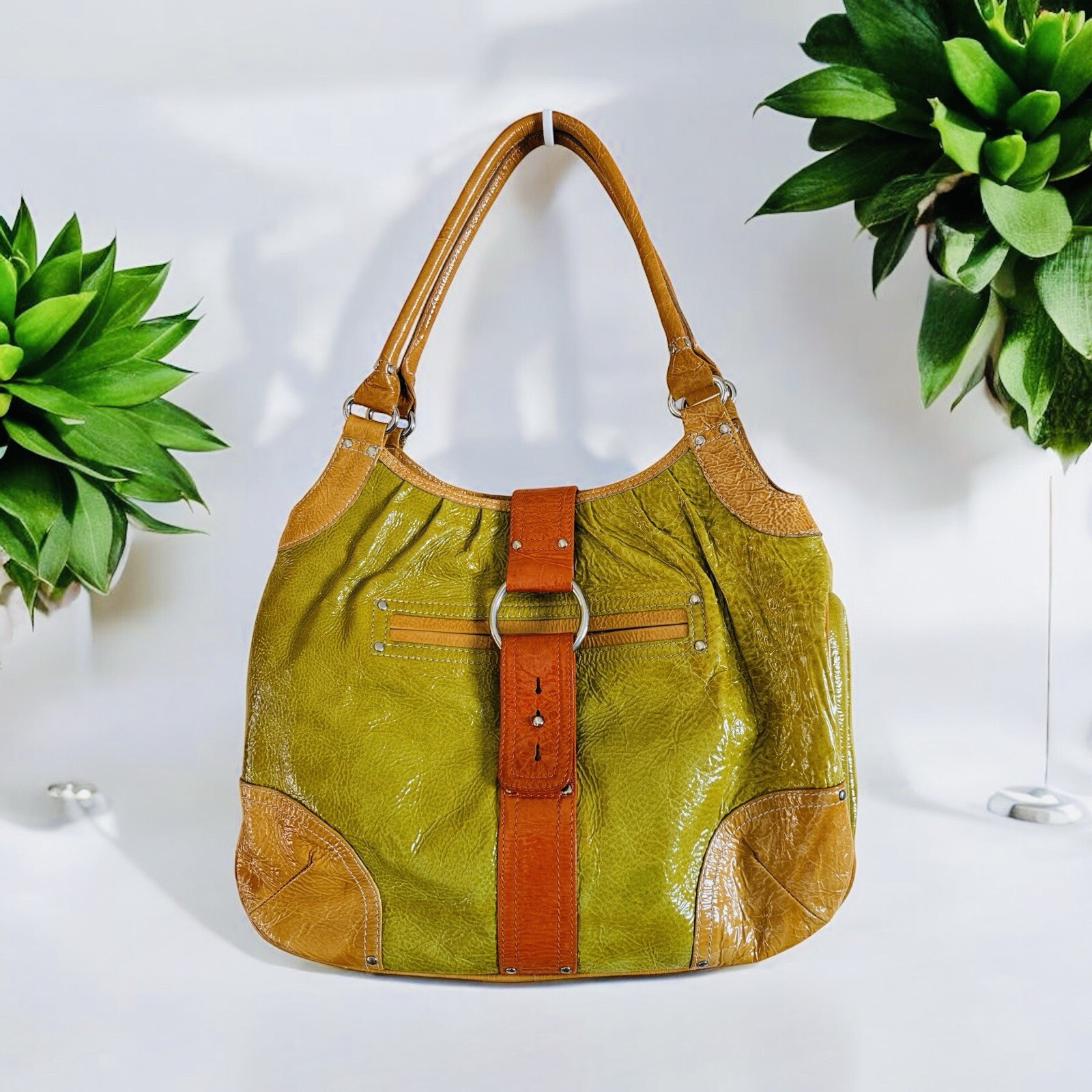 Bolso de mano vintage Orla Kiely verde y camel