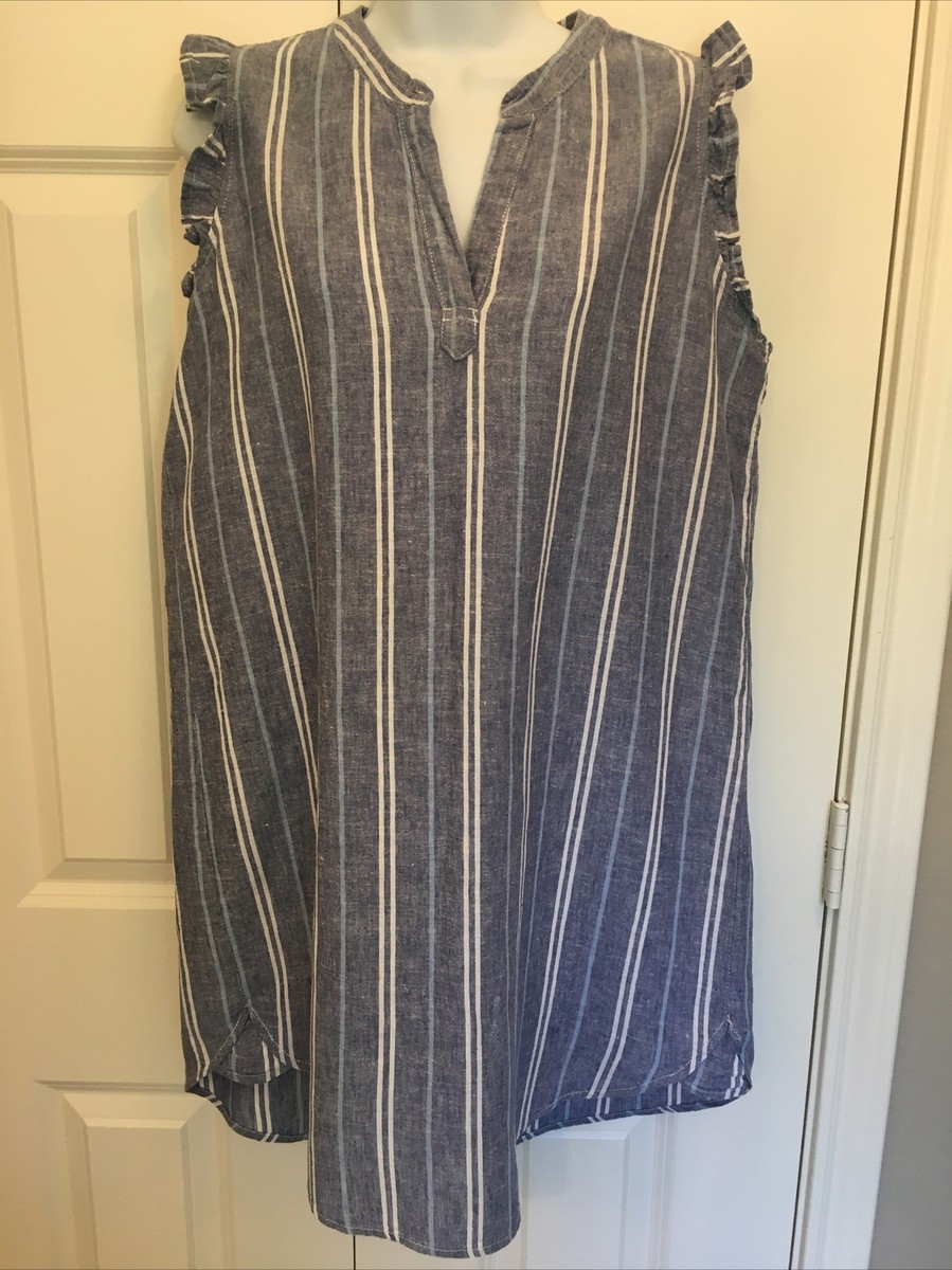 4Our Dreamers Sz M Sleeveless Shift Dress Linen Blend Blue Stripe Ruffle  Trim