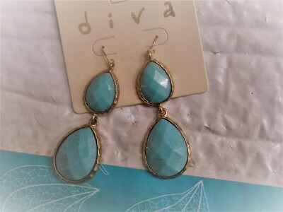 DIVA gold with aqua stone double teardrop earrings