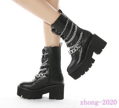 Occident Womens Platform Chain Decor Ankle Boots Zip High Heels Casual Punk Club