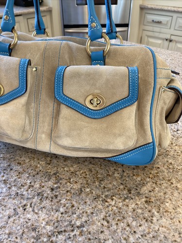 Coach Hampton beige Wildleder blau Leder Schulranzen Tasche Vintage aber fabelhafter Zustand - Bild 4 von 12