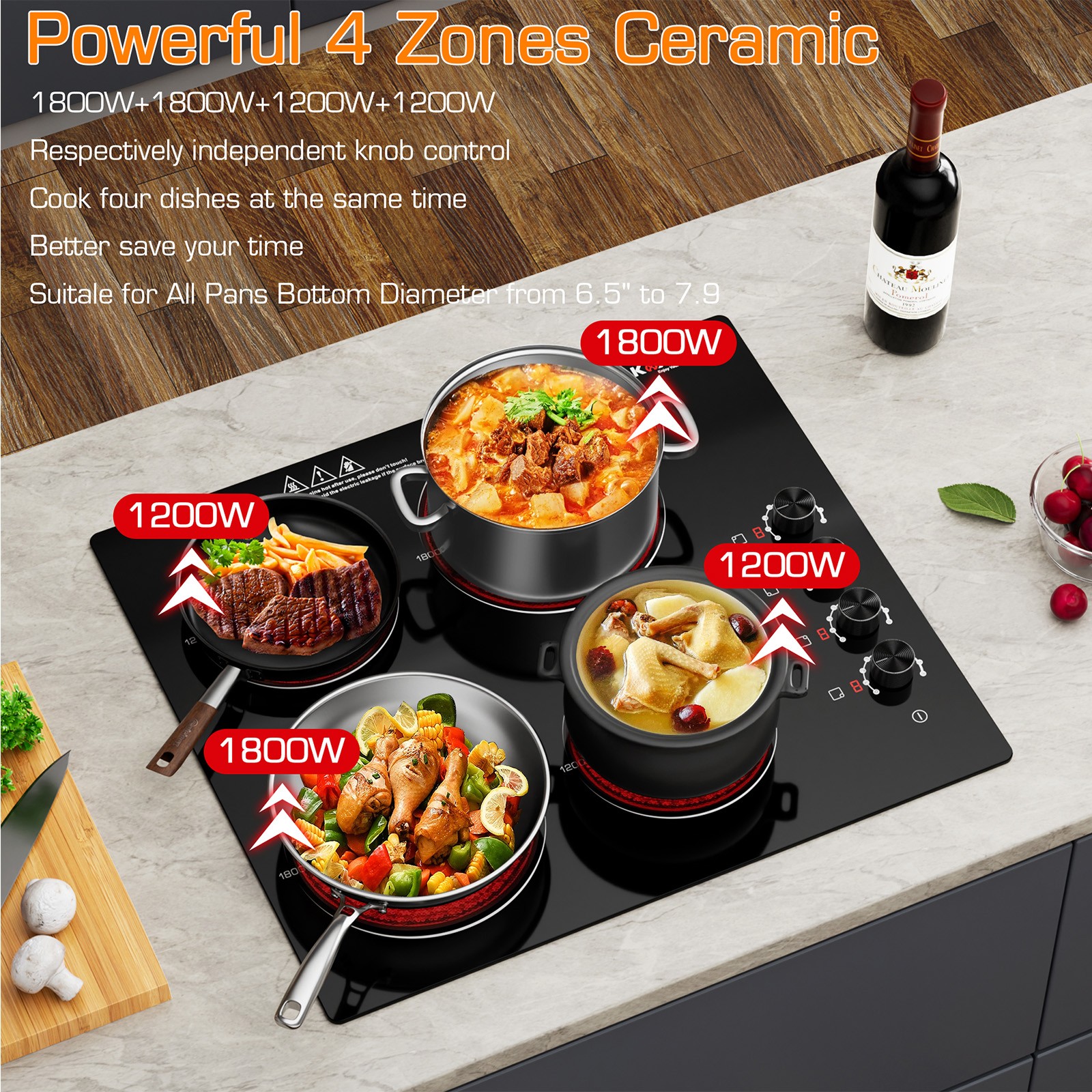 24in Electric Ceramic Cooktop 4 Burners,8 Power Levels, Residual Heat Indicator - Thumbnail 2