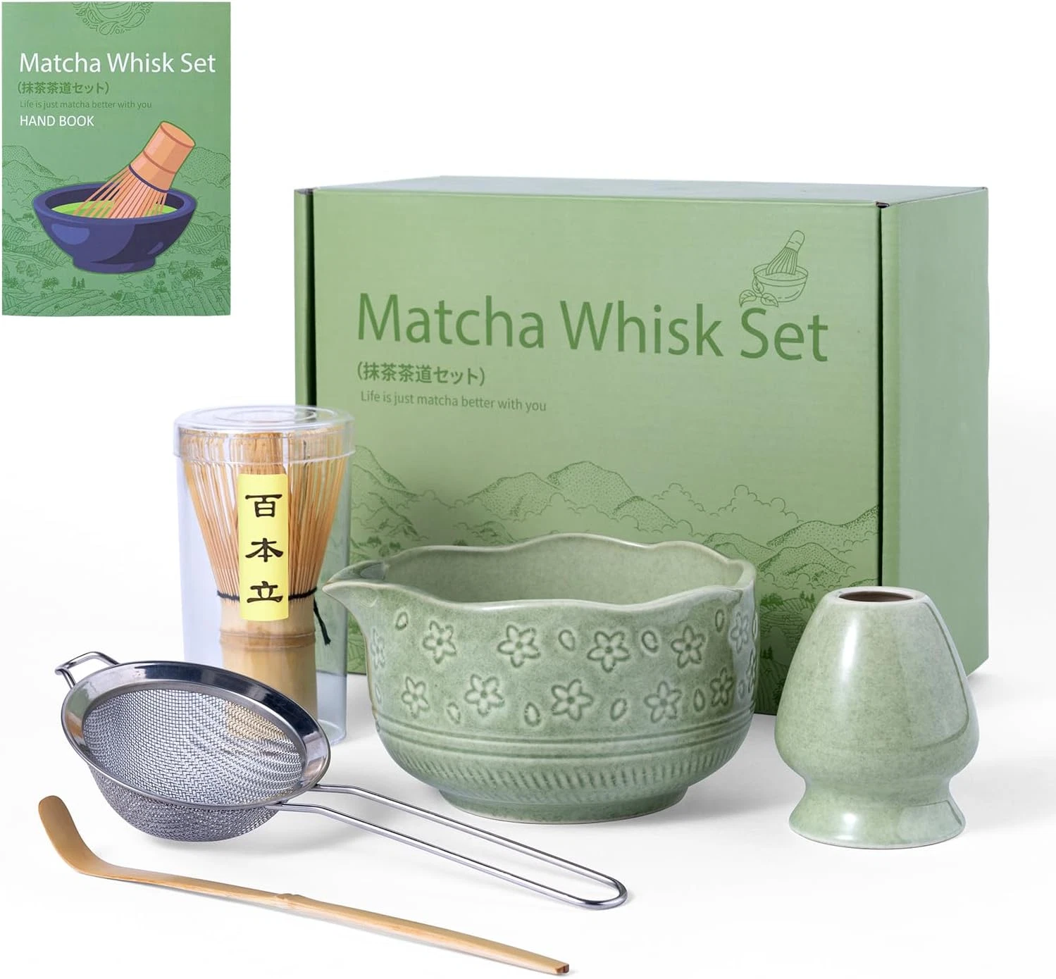 Matcha Whisk Set,5 Pcs Matcha Kit Includes 18OZ Ceramic Bowl with Spout,Bamboo W