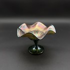 Vintage Fenton Green Carnival Glass Peacock Tail Pedestal Compote Candy Dish