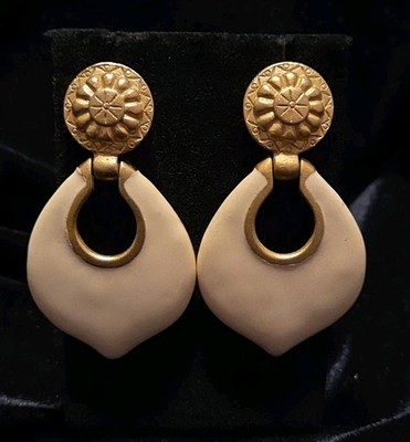 Gold & Ivory Tone Enamel Door Knocker Pierced Earrings 2.5'' Quality Classy VGC