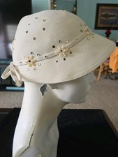 Vintage Felt Wool Cream Colored Women's Hat With Sequins, Beads And Bow