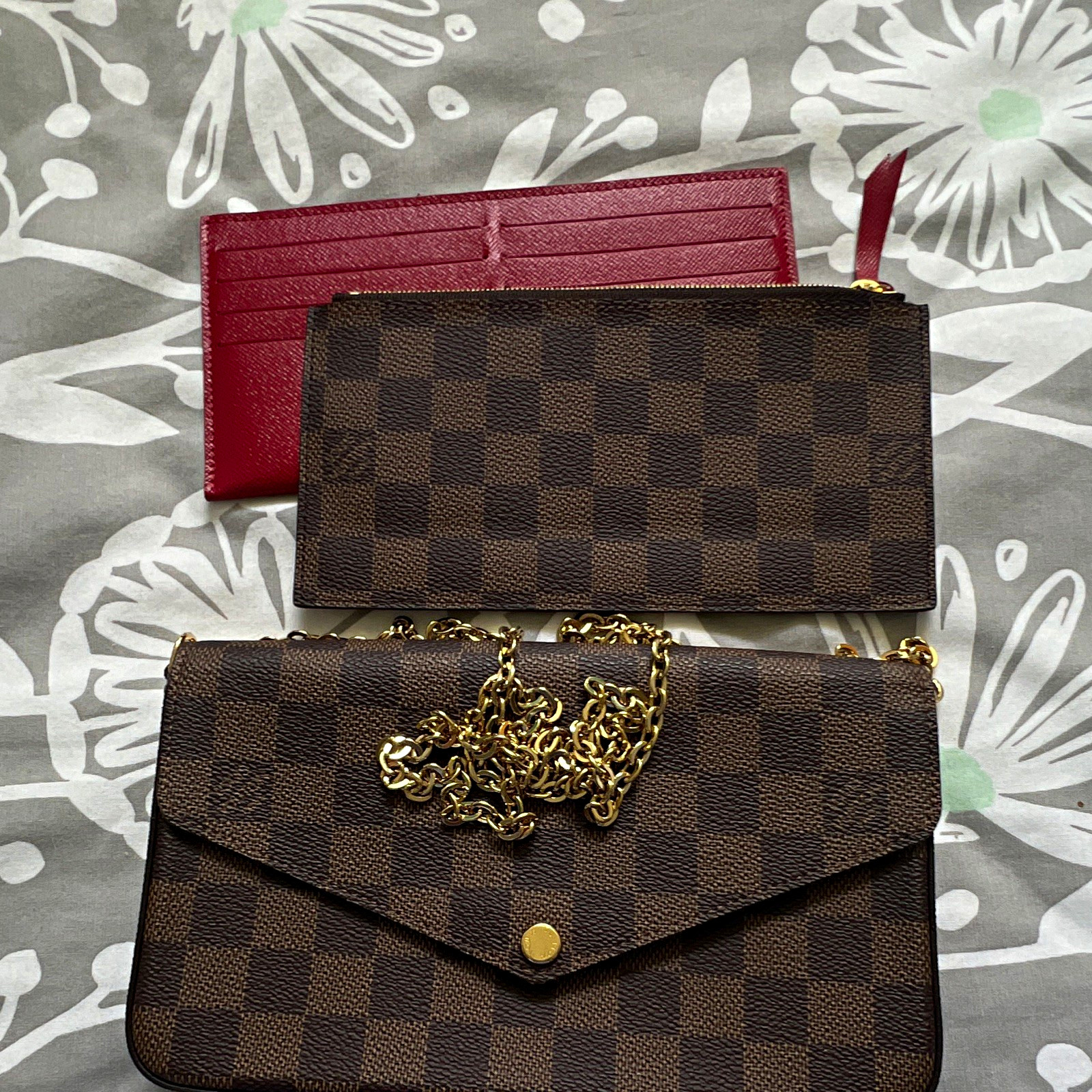 Louis Vuitton Damier Ebene Pochette Felicie Chain Crossbody Red Lining Insert