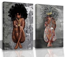 2 Pieces Black Female African American Girl Poster Queen Canvas Painting Prin...