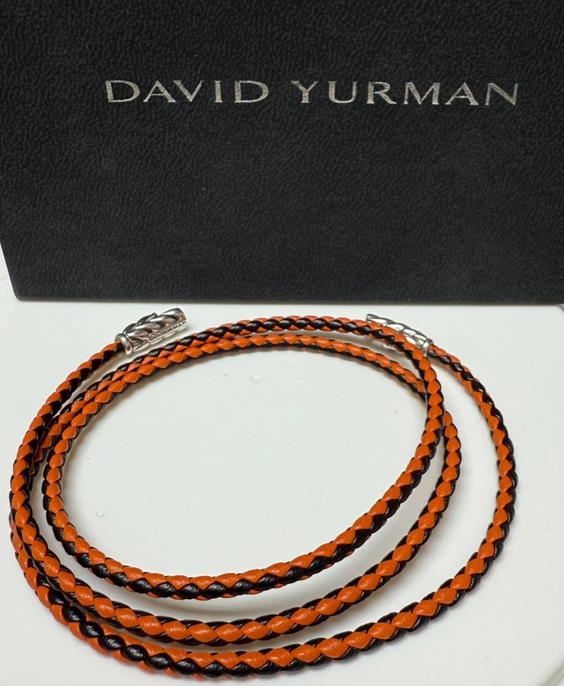 Pulsera David Yurman de plata esterlina Chevron triple envoltura de cuero negro y naranja Foto 4 de 4