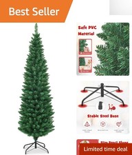 Slim Pencil 6FT Christmas Tree - Hinged Branch Design with Sturdy Metal Legs