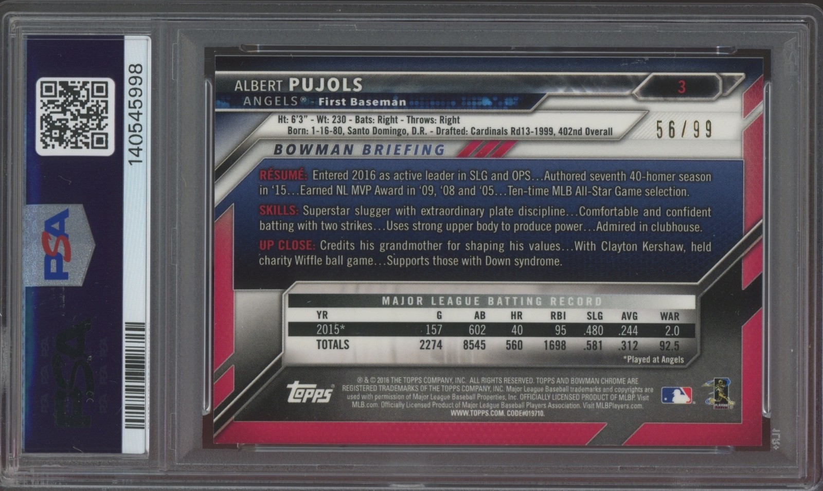 2016 Bowman Chrome Green Refractor #3 Albert Pujols /99 Gem Mint PSA 10 view 2