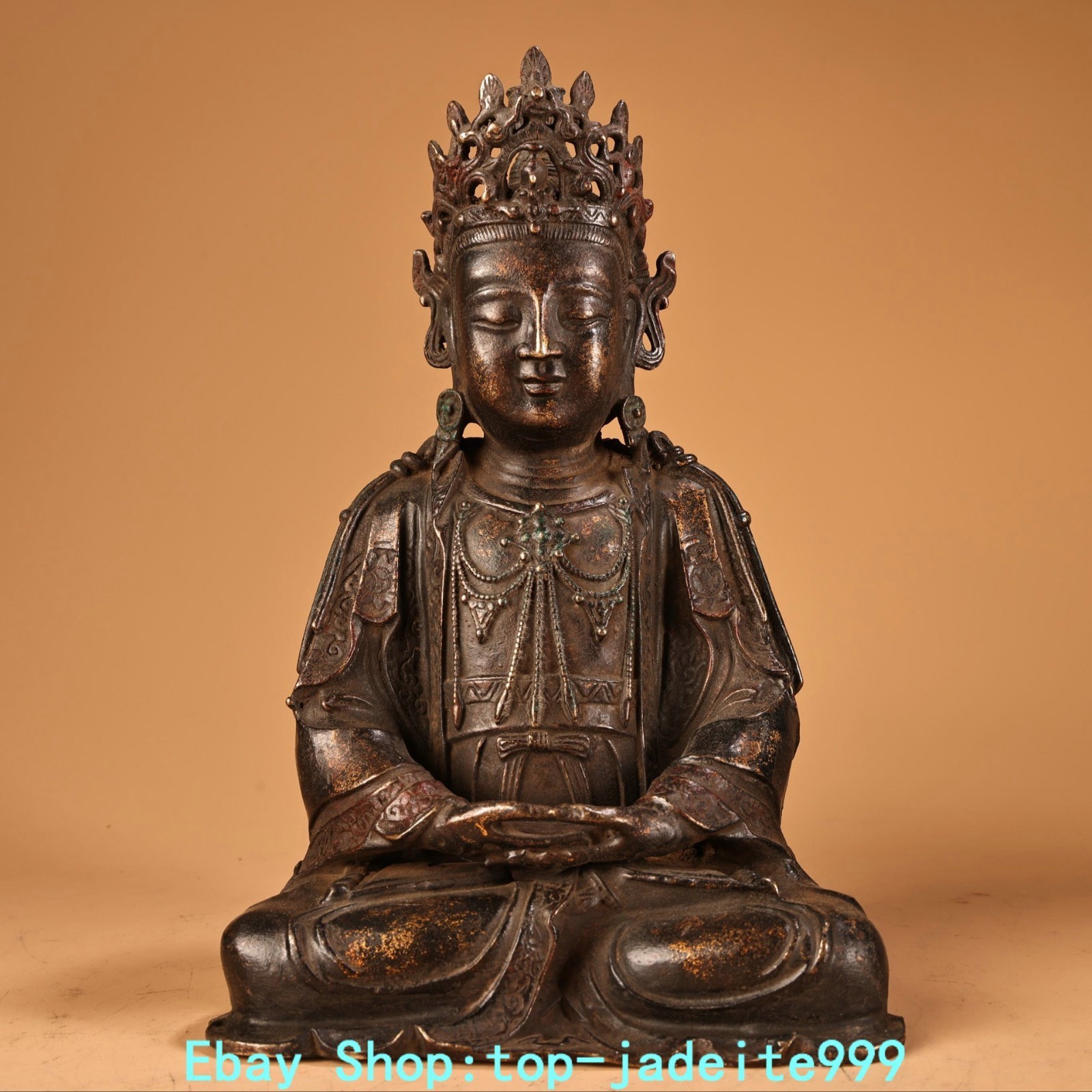 9'' Old Dynasty Pure Bronze Gilt Kwan-yin GuanYin Bodhisattva Buddha Statue