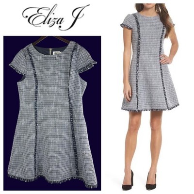 NEW Eliza J Dress Sz 18 1X 2X Tweed Blue Fringe Swing Career Holiday CHIC E