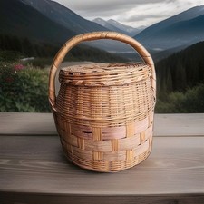 Vintage Large Hand Woven natural aicker Rattan Round Basket with handle 14"...