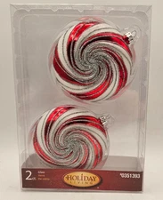Holiday Living 2 Pc Swirled Peppermint Candy Glass Christmas Ornaments Glitter