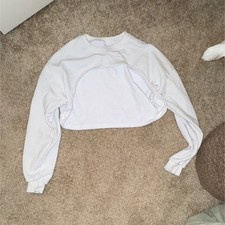 Women s White Cropped Pullover Sweatshirt Crew Neck Long Sleeve Cotton Fleece L