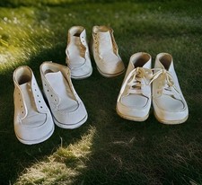 50s/60s Baby's First Walking Shoes 3 Prs Toddler White Leather Hard Sole Lace Up