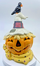 Vintage Lighted Halloween Ceramic Jack O Lantern Scarecrow Pumpkin Black Crow
