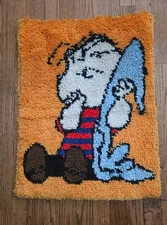 Vintage Latch Hook Rug Wall Hanging Linus with Blanket Snoopy Peanuts 26x19"