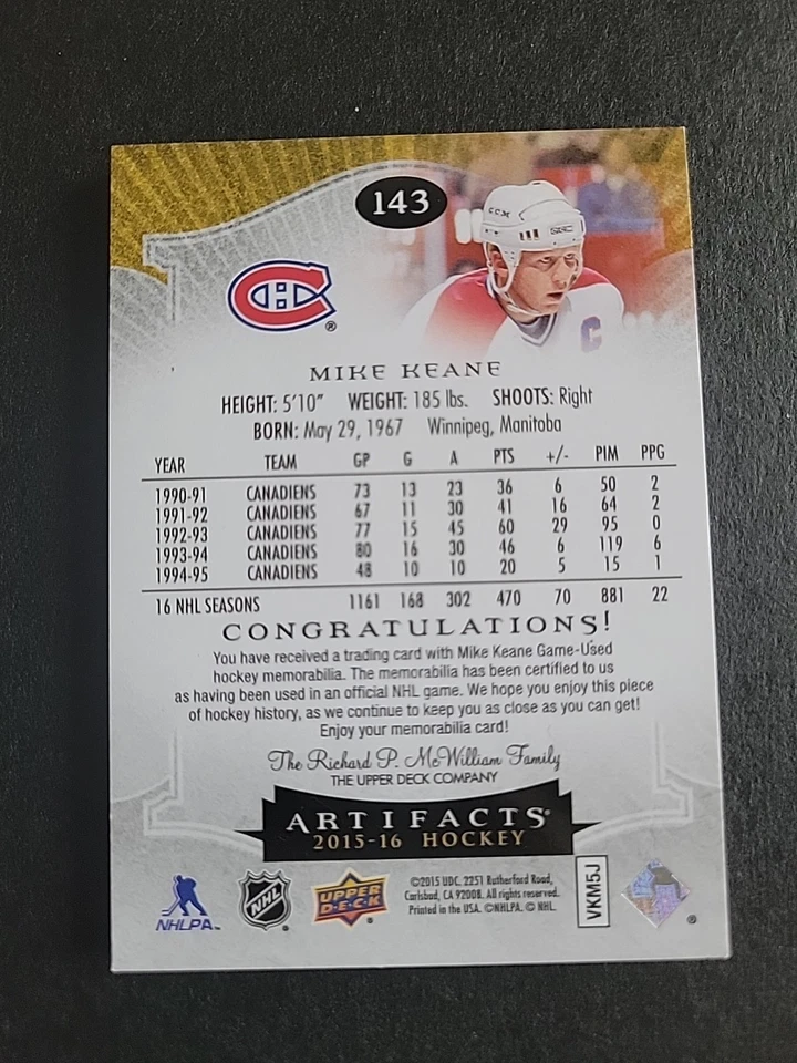 2015-16 UD Artifacts Mike Keane patch /jersey 10/25  - Image 2 of 2