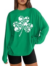 St Patrick's Day Women's Oversized Lucky Shamrock Long Sleeve Tee Size L
