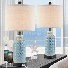 Blue Coastal Touch Table Lamps Set of 2 with USB Ports, 3-Way Dimmable