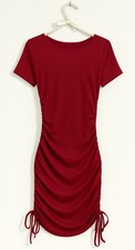 Women’s Burgundy Ruched Bodycon Dress - Short Sleeve, Ribbed, Size M