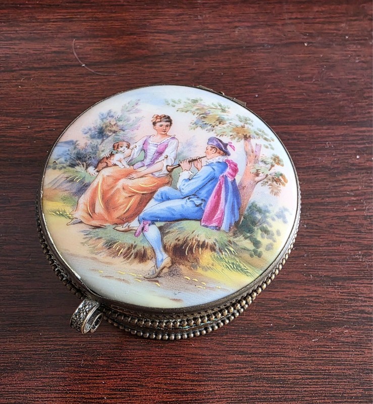 Antique Porcelaine Powder Box With Mirror and Hinged Top - Czechloslovakia made
