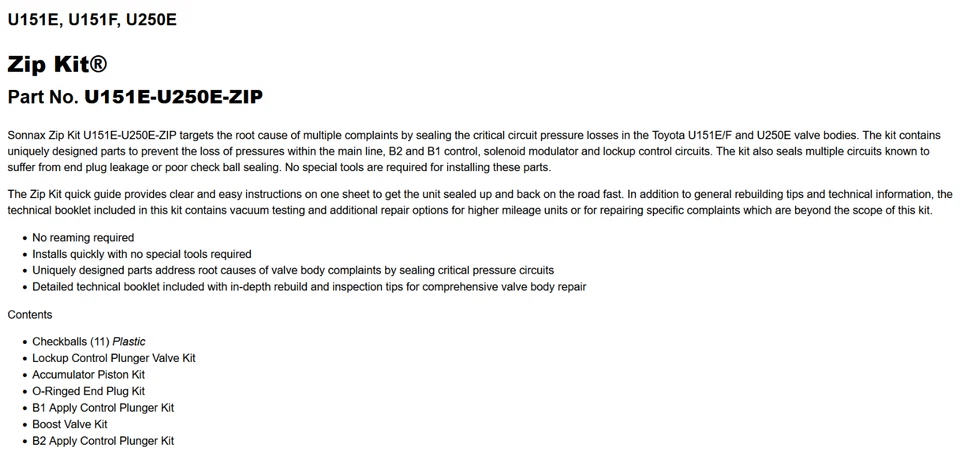 KIT CREMALLERA CUERPO VÁLVULA SONNAX U151E-U250E-ZIP U150E U150F U151E U151F U250E Foto 3 de 3